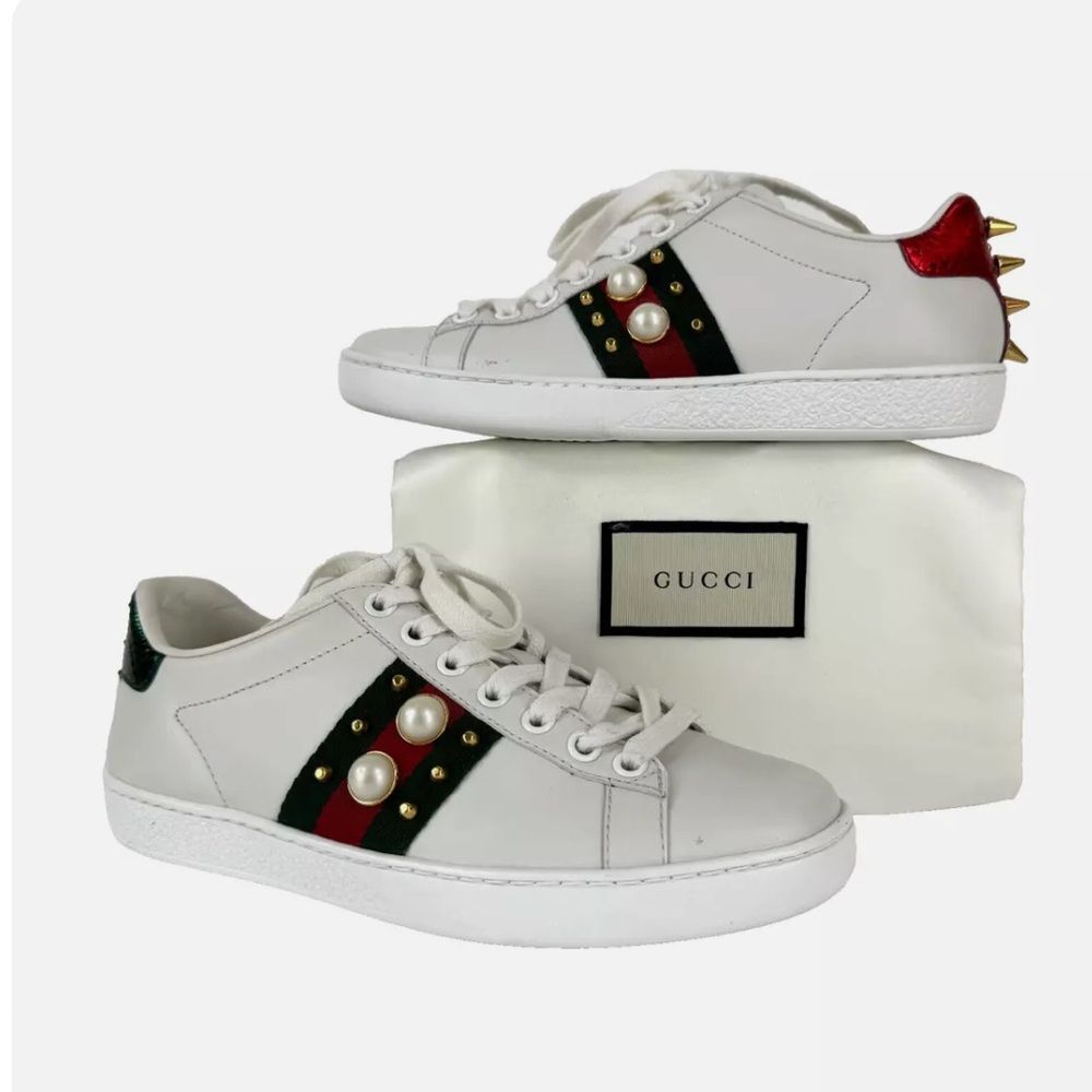 Gucci Women Auth 4 US 34 EU Ace White Pearl Studded Leather Sneakers Shoes